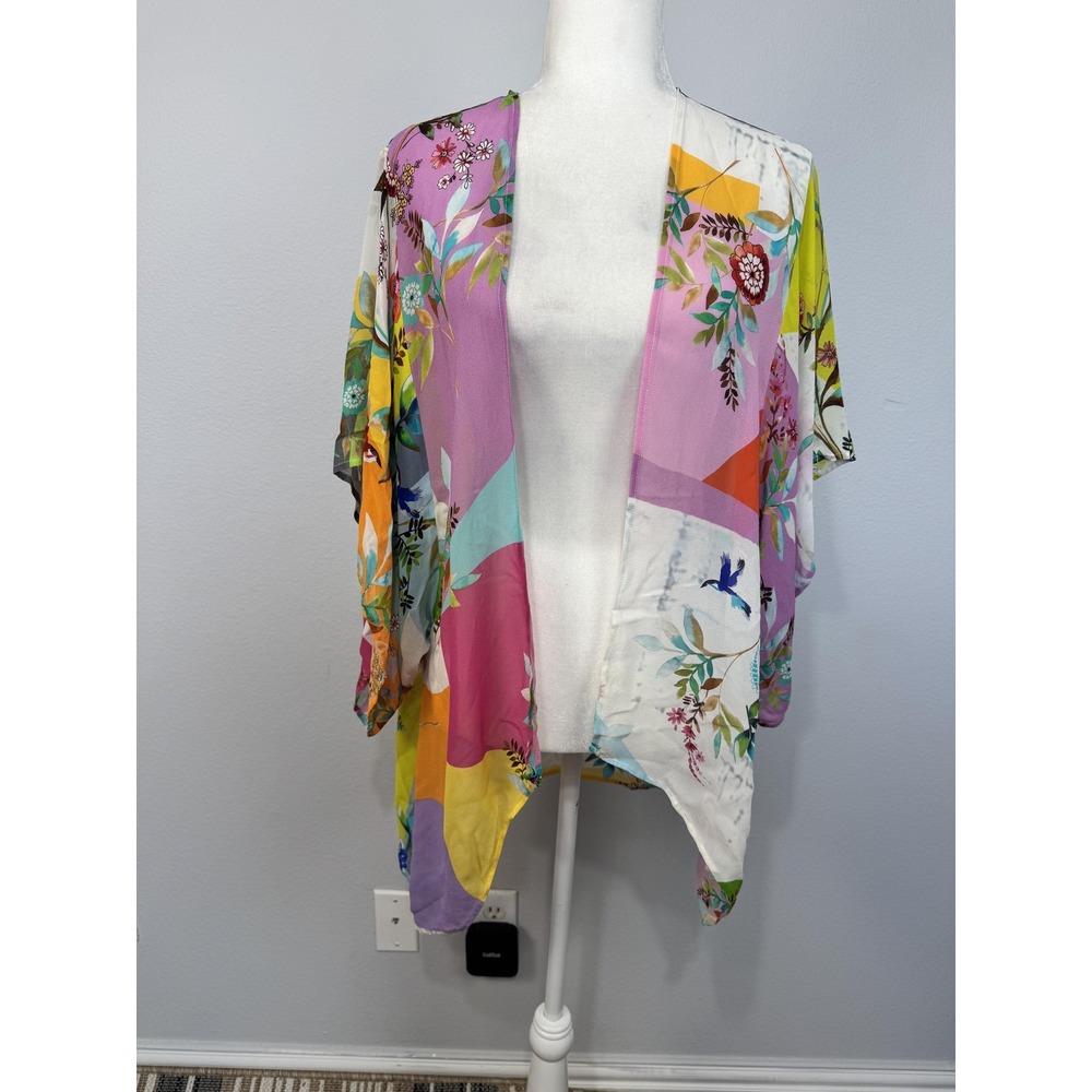 Johnny Was Kimono Jacket Women's XS Multicolor Silk Floral Boho Sheer Patchwork